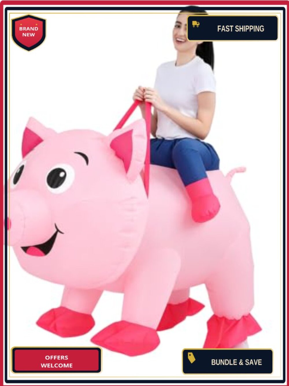 Adult Inflatable Ride On Pig Costume Polyester Blow Up Halloween Fancy Dress